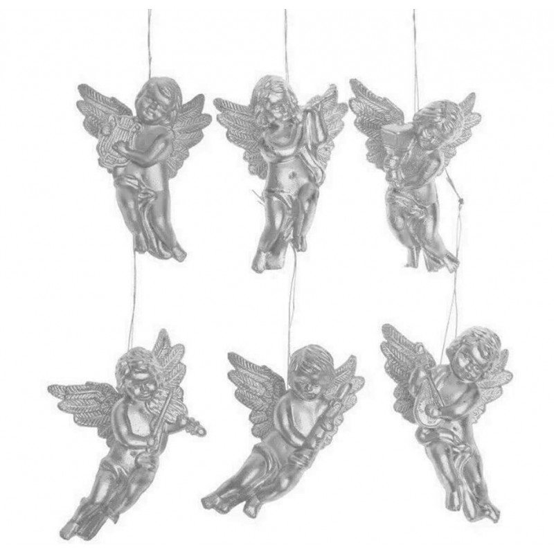 Zestaw wiszących aniołków na choinkę 6 sztuk srebrne BOŻE NARODZENIE 6cm długie WOZ21