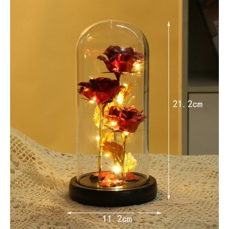 Kryształowa wieczna róża potrójna pod szklaną kopułą LED ROZ08